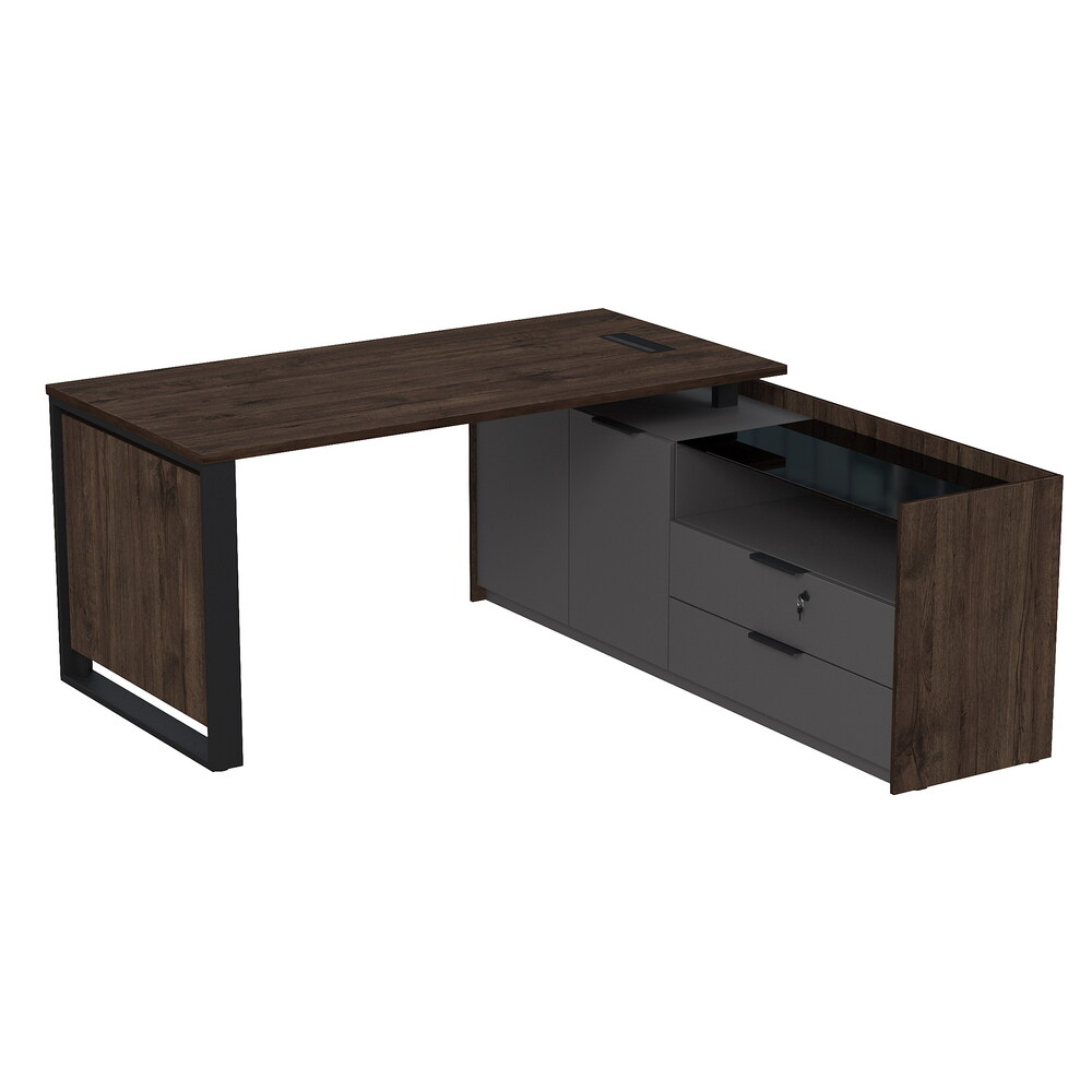 Стол рабочий с люч, на опорной двусоставной тумбе, с ящиками (метабокс), с замком