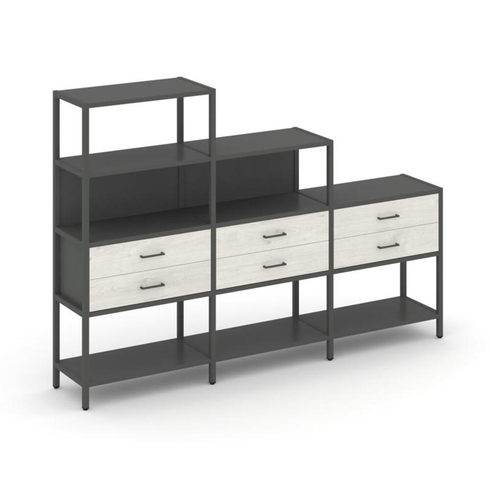 Трехсекционный стеллаж четырех/трех/двухярусный с ящиками