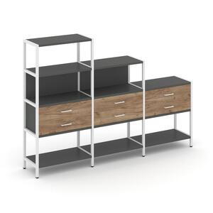 Трехсекционный стеллаж четырех/трех/двухярусный с ящиками