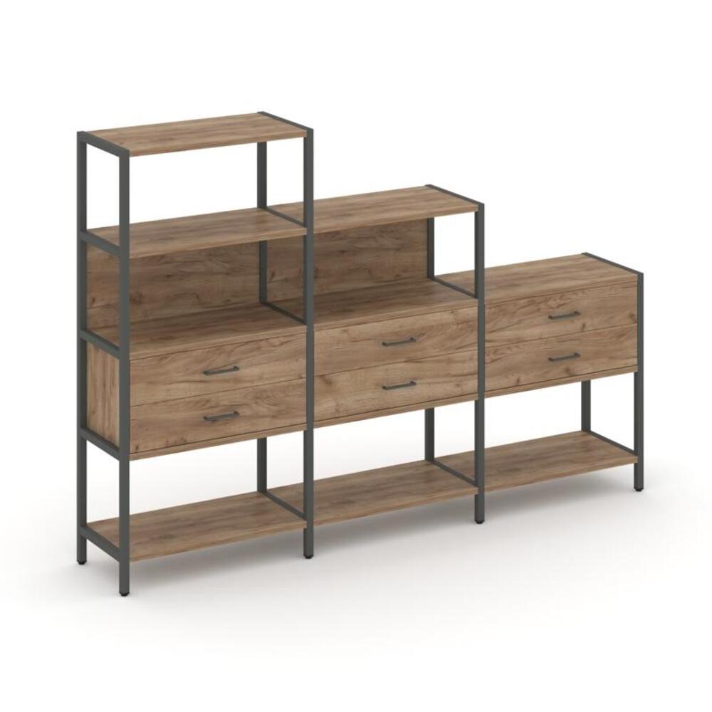 Трехсекционный стеллаж четырех/трех/двухярусный с ящиками