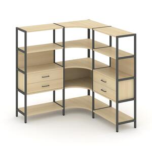Трехсекционный угловой стеллаж четырехярусный с ящиками