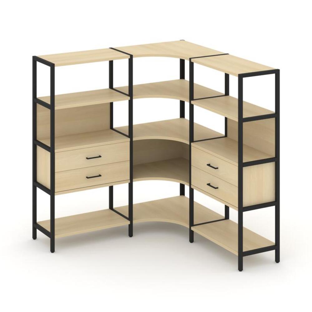 Трехсекционный угловой стеллаж четырехярусный с ящиками