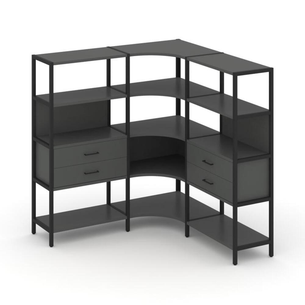 Трехсекционный угловой стеллаж четырехярусный с ящиками