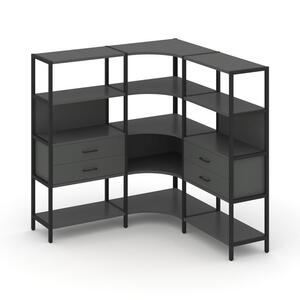 Трехсекционный угловой стеллаж четырехярусный с ящиками