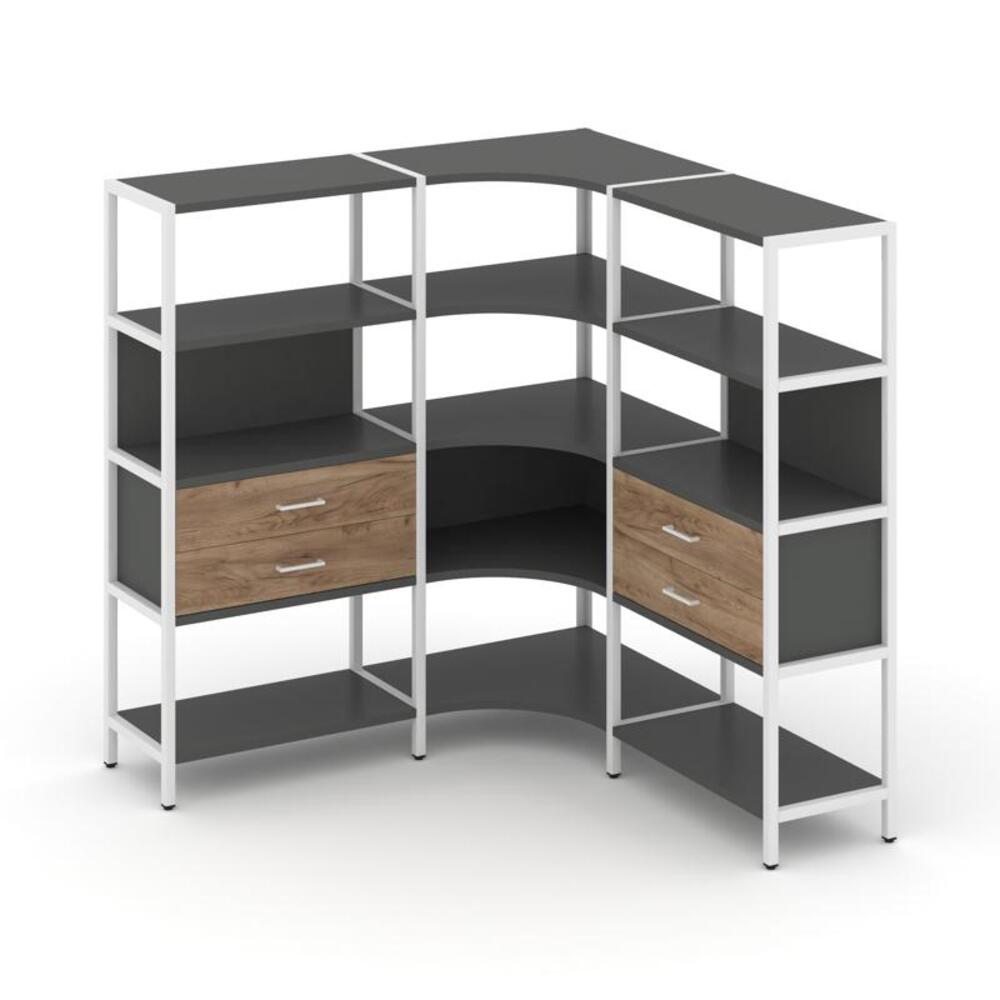 Трехсекционный угловой стеллаж четырехярусный с ящиками