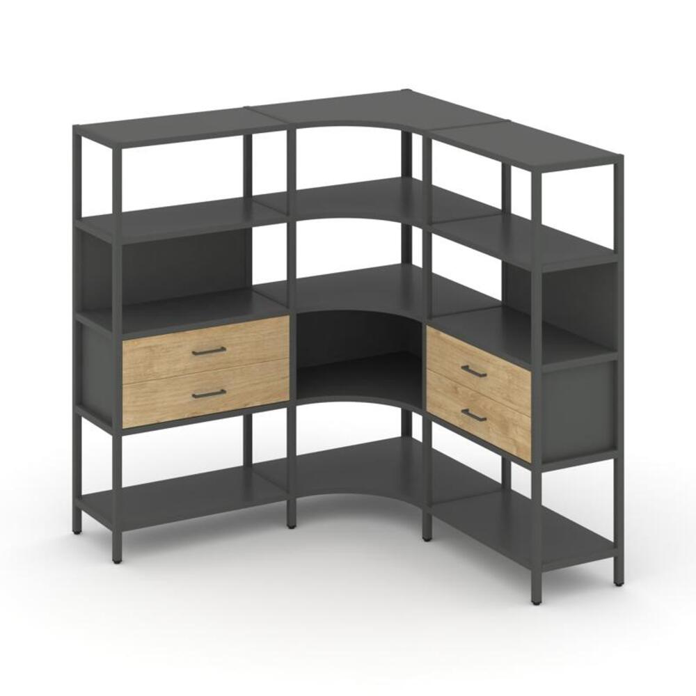 Трехсекционный угловой стеллаж четырехярусный с ящиками