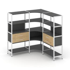 Трехсекционный угловой стеллаж четырехярусный с ящиками