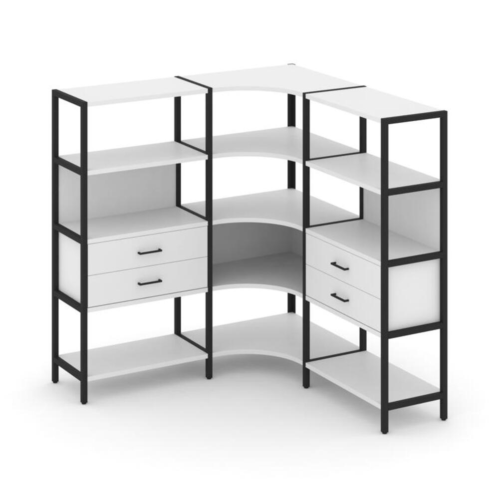 Трехсекционный угловой стеллаж четырехярусный с ящиками