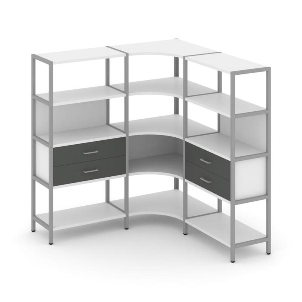 Трехсекционный угловой стеллаж четырехярусный с ящиками