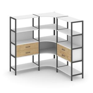 Трехсекционный угловой стеллаж четырехярусный с ящиками