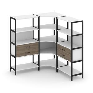 Трехсекционный угловой стеллаж четырехярусный с ящиками
