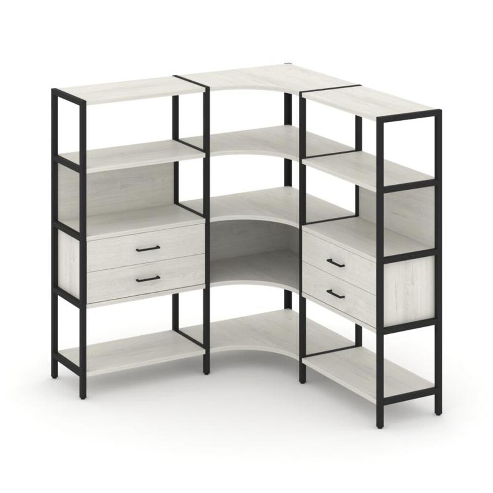 Трехсекционный угловой стеллаж четырехярусный с ящиками
