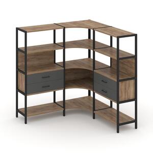 Трехсекционный угловой стеллаж четырехярусный с ящиками