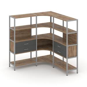 Трехсекционный угловой стеллаж четырехярусный с ящиками