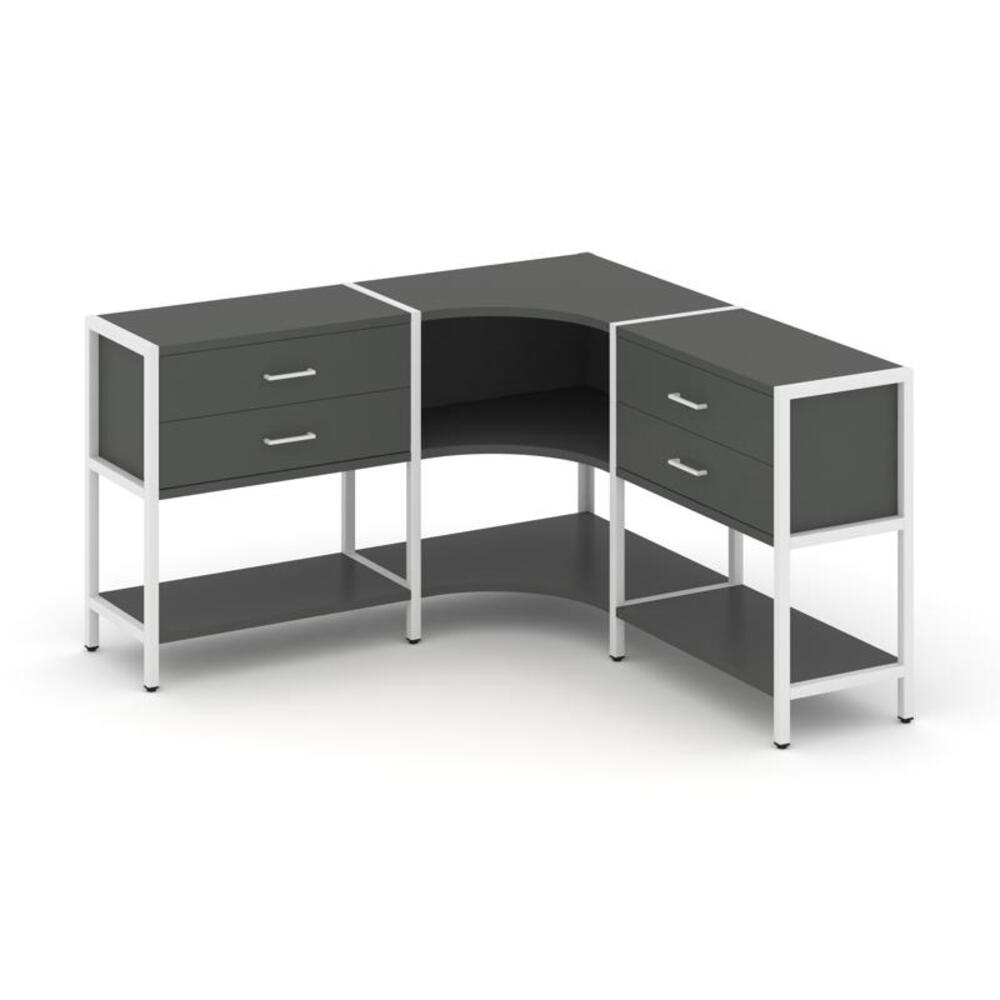 Трехсекционный угловой стеллаж двухярусный с ящиками