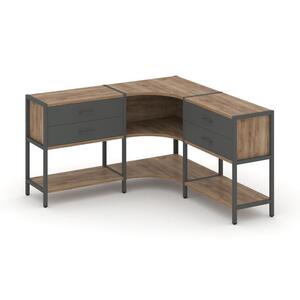 Трехсекционный угловой стеллаж двухярусный с ящиками