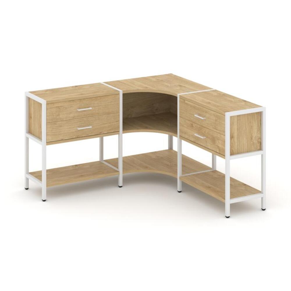 Трехсекционный угловой стеллаж двухярусный с ящиками