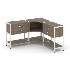 Трехсекционный угловой стеллаж двухярусный с ящиками