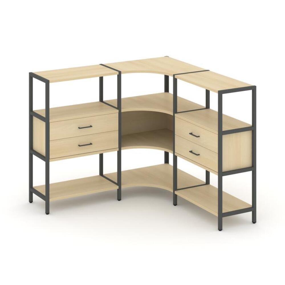Трехсекционный угловой стеллаж трехярусный с ящиками