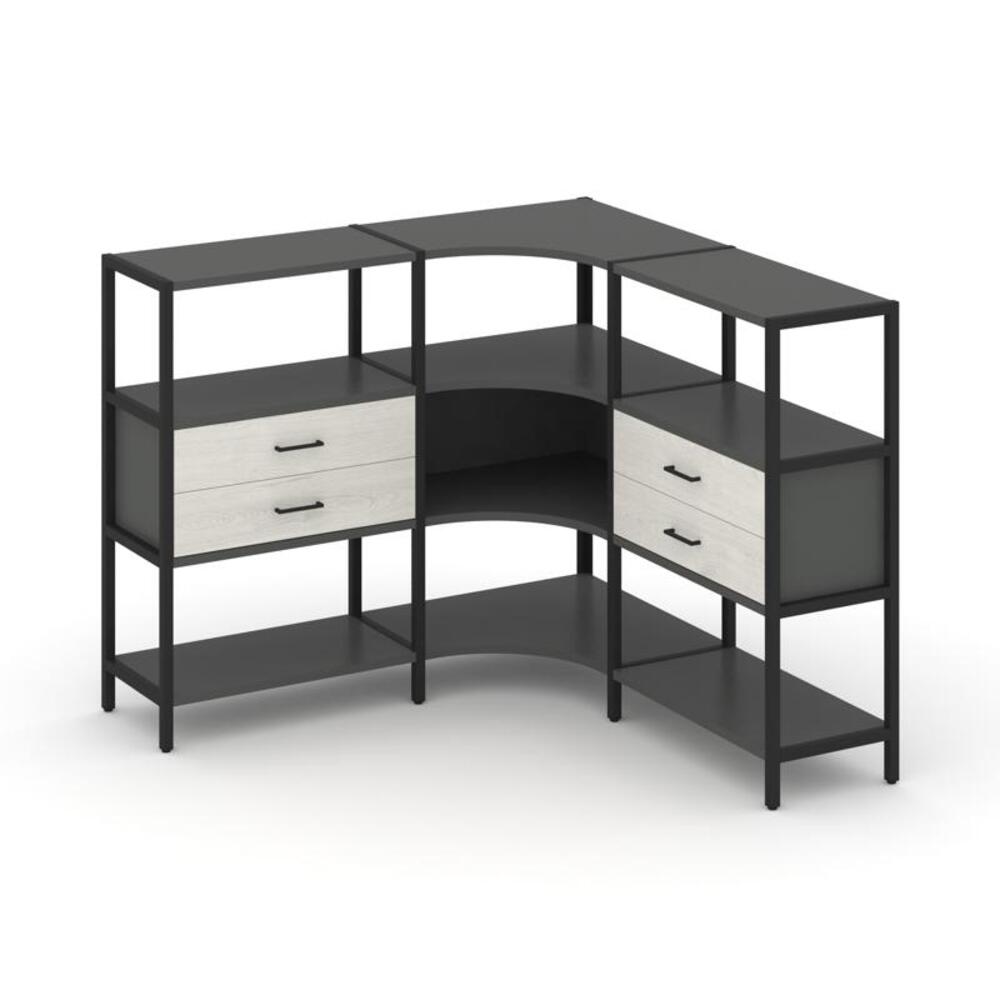 Трехсекционный угловой стеллаж трехярусный с ящиками