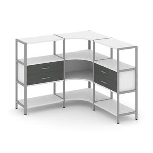 Трехсекционный угловой стеллаж трехярусный с ящиками