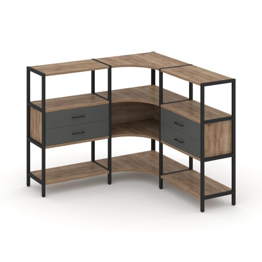 Трехсекционный угловой стеллаж трехярусный с ящиками