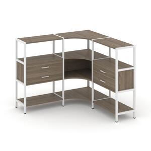 Трехсекционный угловой стеллаж трехярусный с ящиками