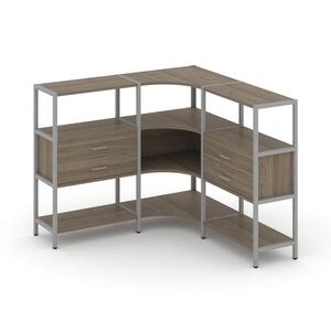 Трехсекционный угловой стеллаж трехярусный с ящиками