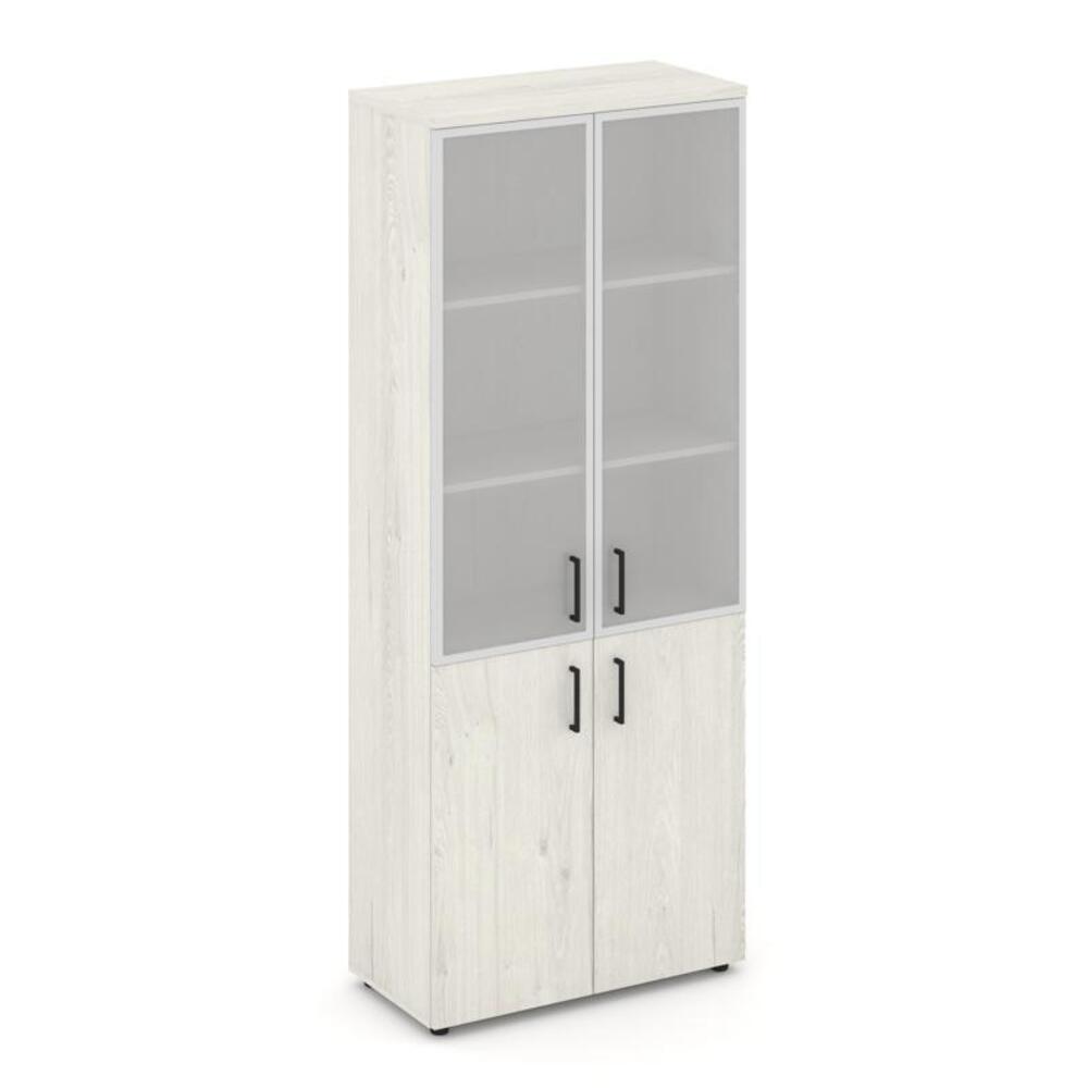 Шкаф высокий широкий (2 низких фасада ЛДСП + 2 средних фасада стекло сатин в раме)