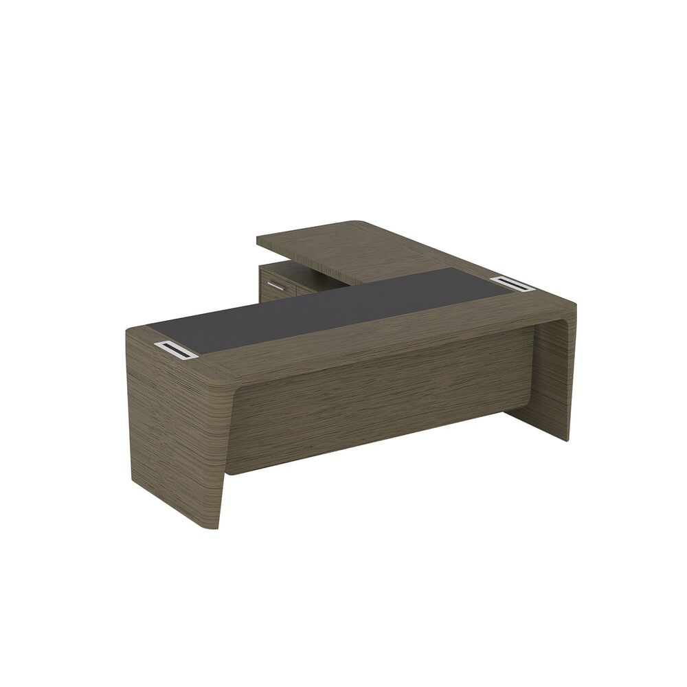 Стол для руководителя левый с кожаным бюваром, приставкой на большой тумбе и фронтальной панелью